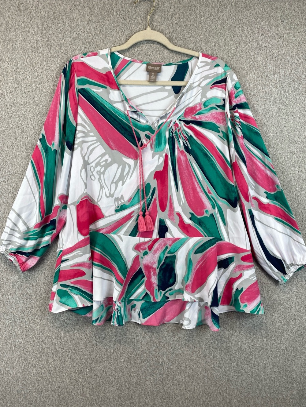 Chico’s Tassel Boho Tunic Top Multicolor Women’s 2 (L)  Ruffle Details